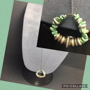 Stone Loop Pendant Necklace Mint Green Long Silver Chain Retro BoHo Soft Girl